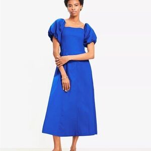 LOFT Royal Blue Midi Dress with Puff Sleeves